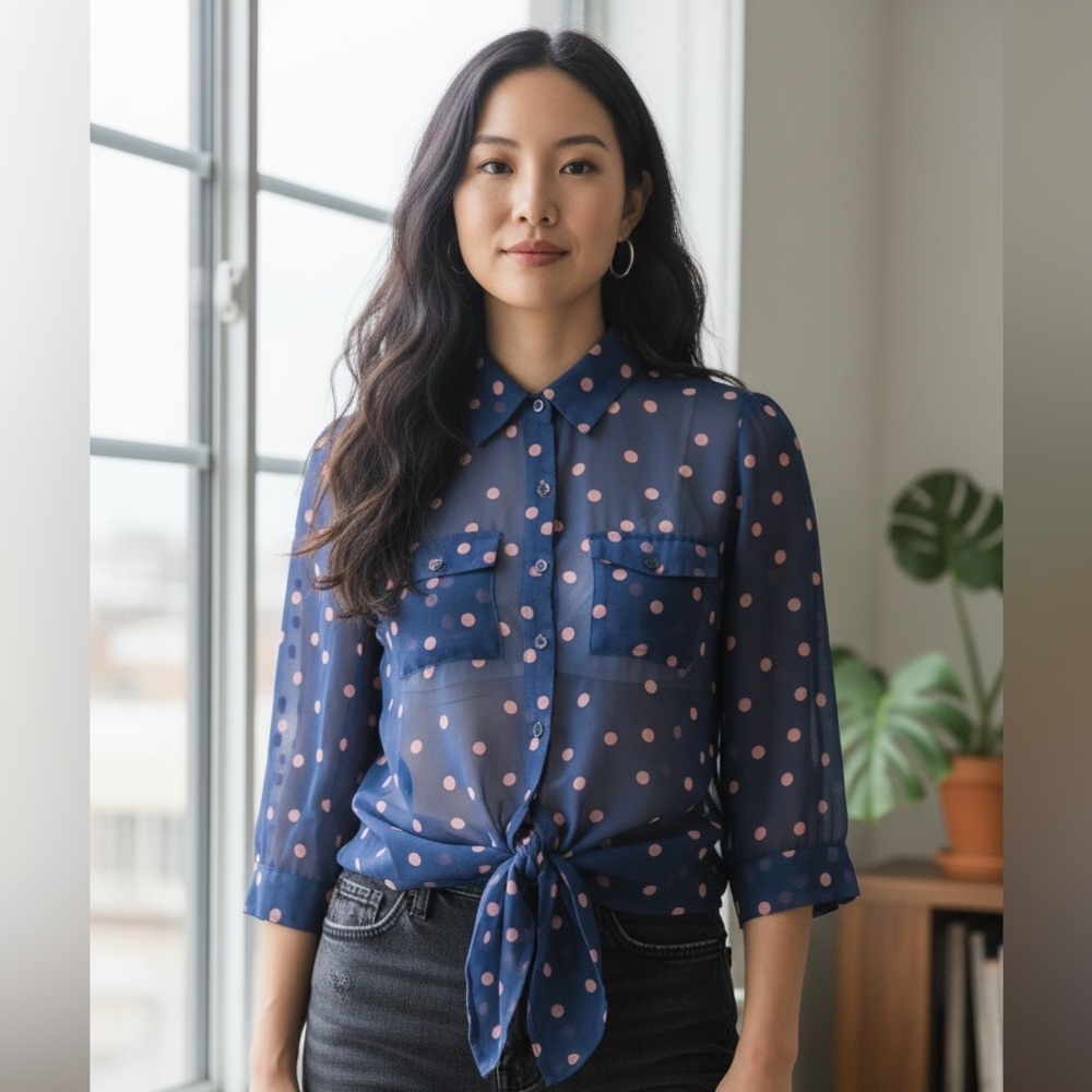 Only You Polka Dot Blouse Women's Small Blue Pink Casual Work Top